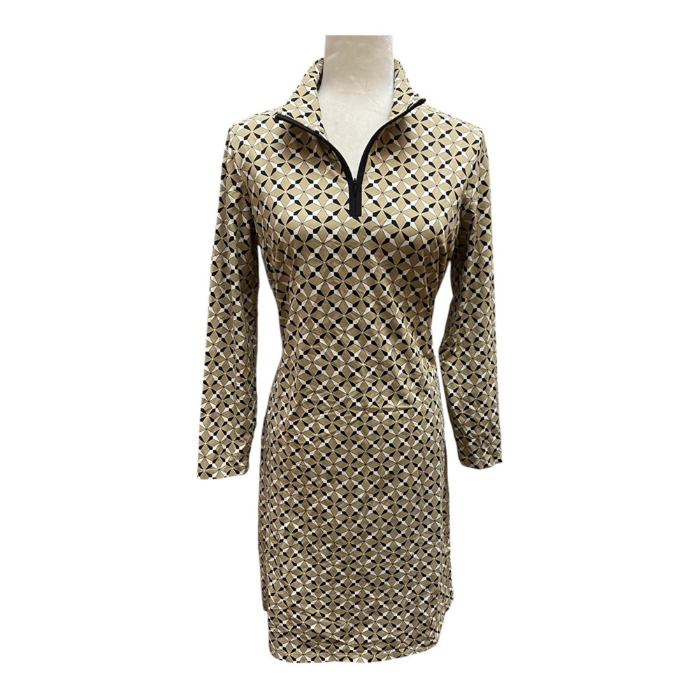 J. McLaughlin Beige and Black Geometric Long Sleeve Dress